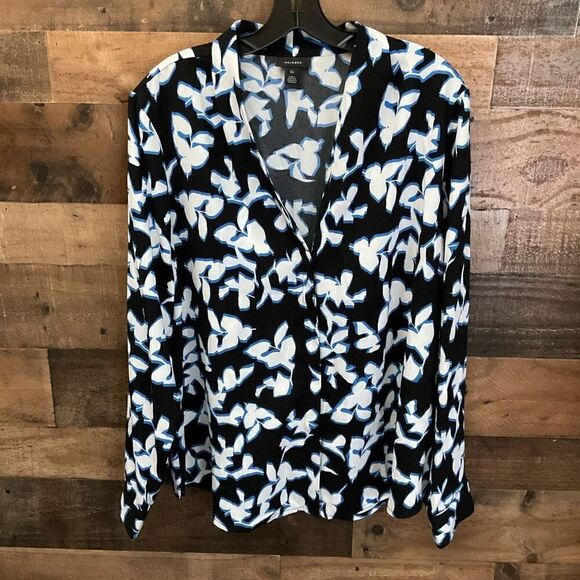 Halogen Button Down Blouse V-neck Black White Blue Floral Button Cuffs Women 2X - Picture 11 of 11